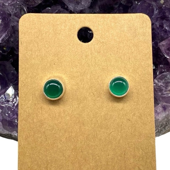 Green Onyx Silver Stud Earrings Post Back Stone Dainty Round